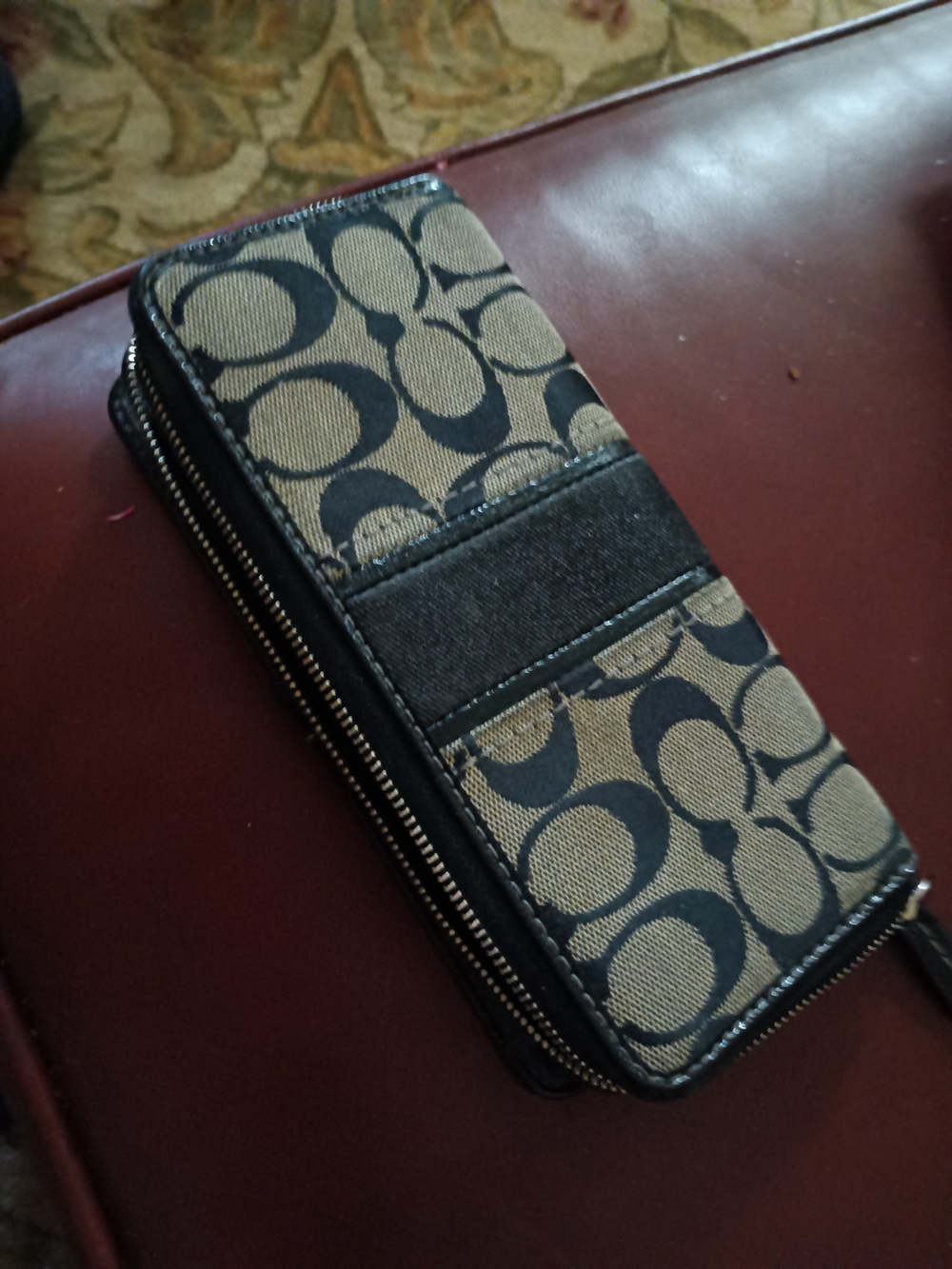 Coach Signature Canvas Zip Wallet in Brown and Black